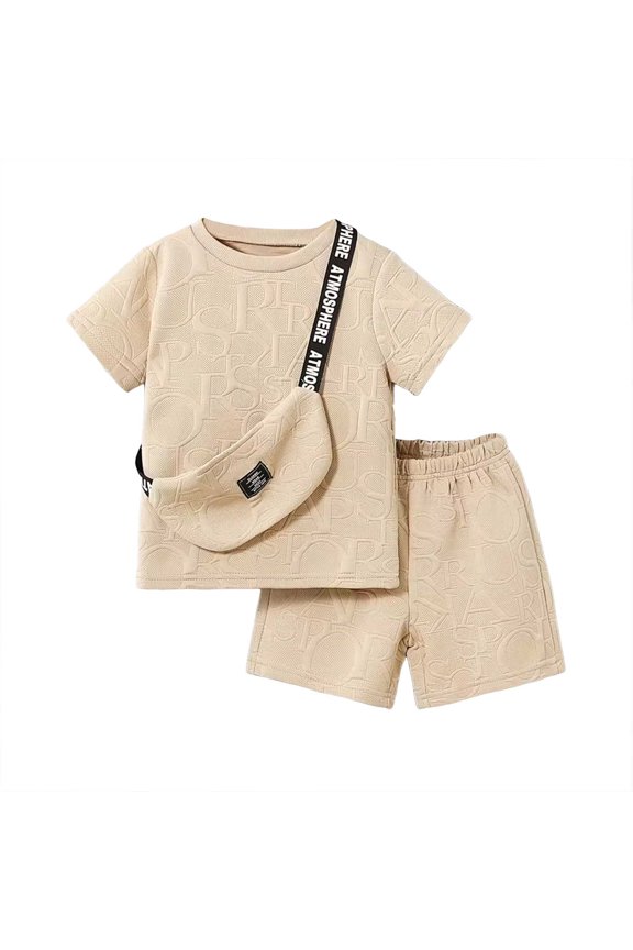 Boy's 2 Piece Summer Outfits Embossed Letter Crewneck T Shirts and Baggy Shorts with Pouch (Beige, 2-3 Years)