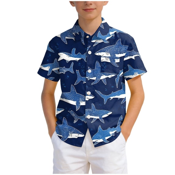 Ulanda Boy's Hawaiian Shirt Tropical Beach Casual Summer Shirt with Pocket Short Sleeve 4-15 Years (Dark Blue, 11-12 Years)