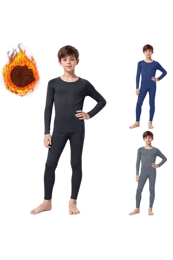 Boy’s Thermal Underwear Set Kid’s Winter Base Layer Fleece Lined Compression Shirt Pant (Grey, 15-16 Years)