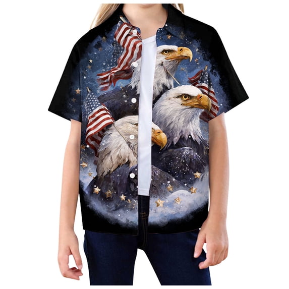 Ulanda Boys American Flag Button Down Shirt 4th of July Tshirt Kids USA Patriotic Hawaiian Summer Holiday Tee Tops (Light Pink, 9-10 Years)