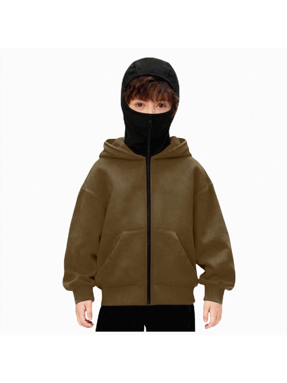 Boys Girls Balaclava Hoodie Winter Double Layer Hooded Sweatshirt Sports Jacket Full Zip Warm Outerwear Coats for Kids (Coffee, 14-15 Years)