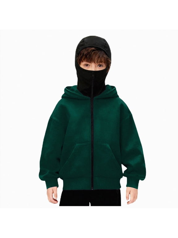 Boys Girls Balaclava Hoodie Winter Double Layer Hooded Sweatshirt Sports Jacket Full Zip Warm Outerwear Coats for Kids (Dark Green, 8-9 Years)