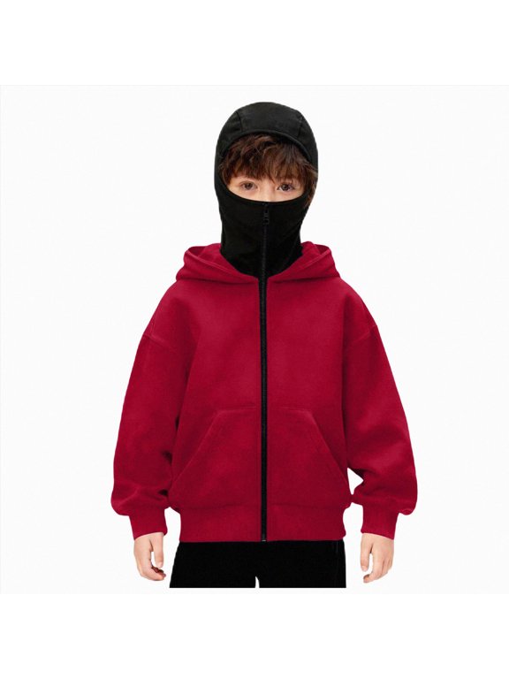 Boys Girls Balaclava Hoodie Winter Double Layer Hooded Sweatshirt Sports Jacket Full Zip Warm Outerwear Coats for Kids (Red, 6-7 Years)