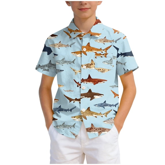Ulanda Boys Hawaiian Shirt Short Sleeve Casual Button Down Beach Aloha Shirt Kids Summer Hawaii Shirts 5-14 Years (Light Blue, 11-12 Years)