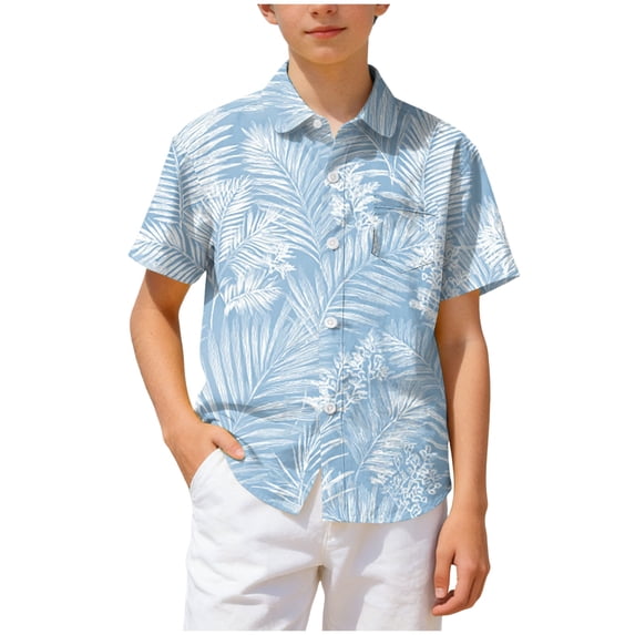 Ulanda Boys Hawaiian Shirts Casual Summer Short Sleeve Button Down Aloha Dress Beach Tee Tops Kids Hawaii Shirts for 5-14 Years (Light Blue, 11-12 Years)