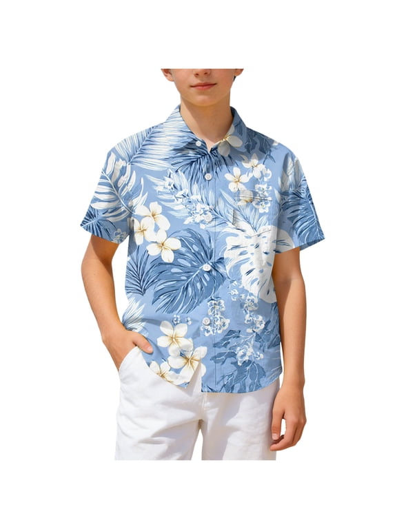 Boys Hawaiian Shirts Novelty Printed Funky Short Sleeve Button Down Shirt Kids Aloha Luau Shirt 7-14T (Blue, 14-15 Years)