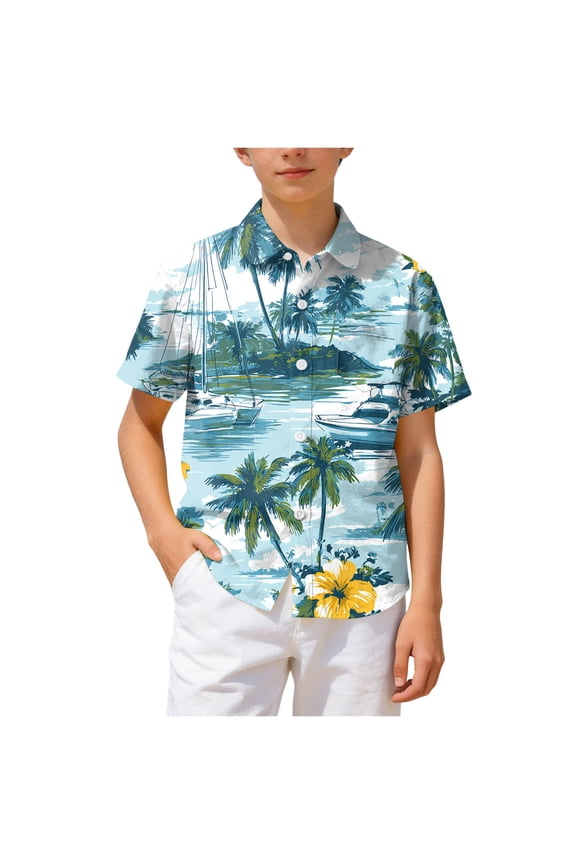Boys Hawaiian Shirts Novelty Printed Funky Short Sleeve Button Down Shirt Kids Aloha Luau Shirt 7-14T (Light Blue, 13-14 Years)