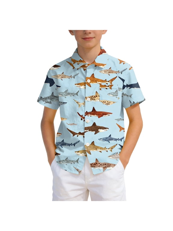 Boys Hawaiian Shirts Novelty Printed Funky Short Sleeve Button Down Shirt Kids Aloha Luau Shirt 7-14T (Light Blue, 14-15 Years)