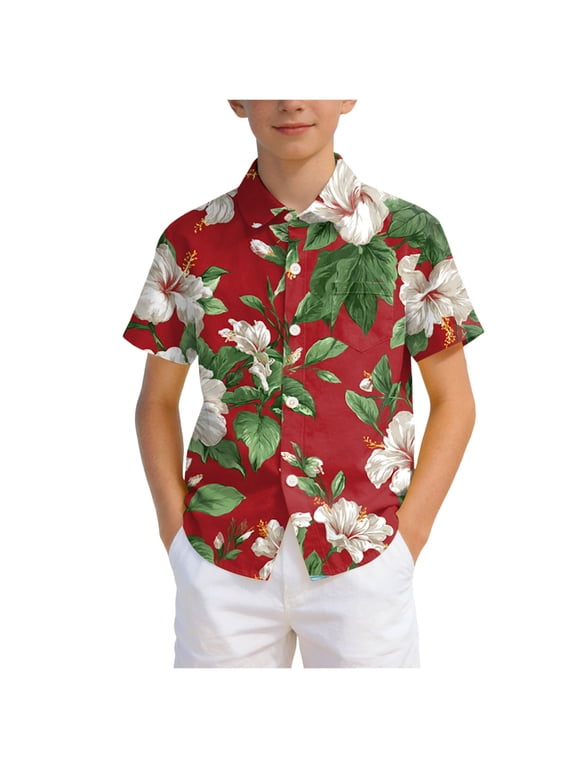 Boys Hawaiian Shirts Novelty Printed Funky Short Sleeve Button Down Shirt Kids Aloha Luau Shirt 7-14T (Red, 14-15 Years)