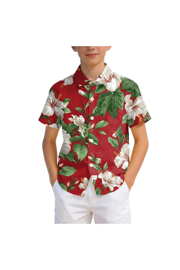 Boys Hawaiian Shirts Novelty Printed Funky Short Sleeve Button Down Shirt Kids Aloha Luau Shirt 7-14T (Red, 7-8 Years)