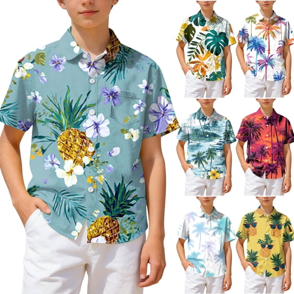Ulanda Boys Hawaiian Shirts Novelty Printed Funky Short Sleeve Button Down Shirt Kids Aloha Luau Shirt 7-14T (Sky Blue, 5-6 Years)
