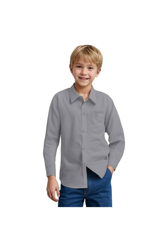 Boys Long Sleeve Dress Shirts Collared Button-Down Shirt School Uniform Shirts with Chest Pocket 5-14 Years (Grey, 9-10 Years)