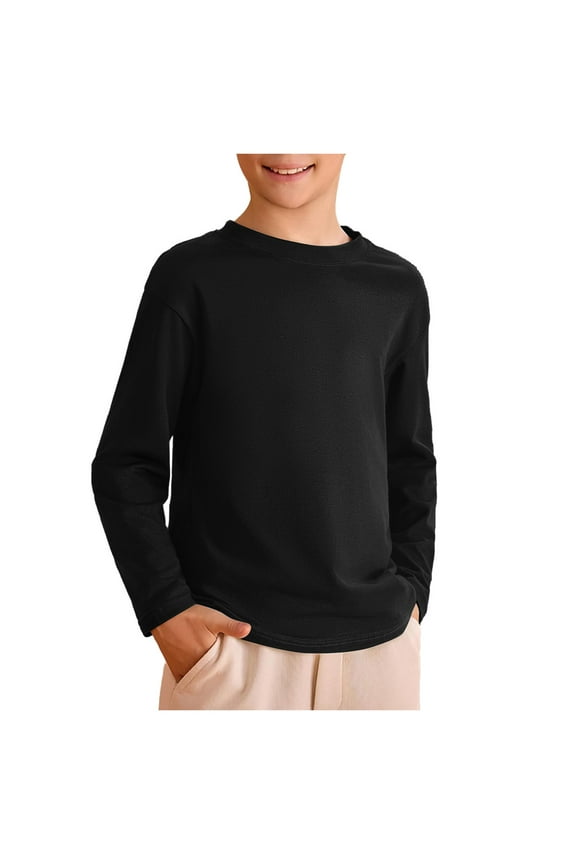 Boys Long Sleeve Shirts Crewneck Cotton Kids T-Shirts Solid Color Basic Tee Tops (Black, 7-8 Years)