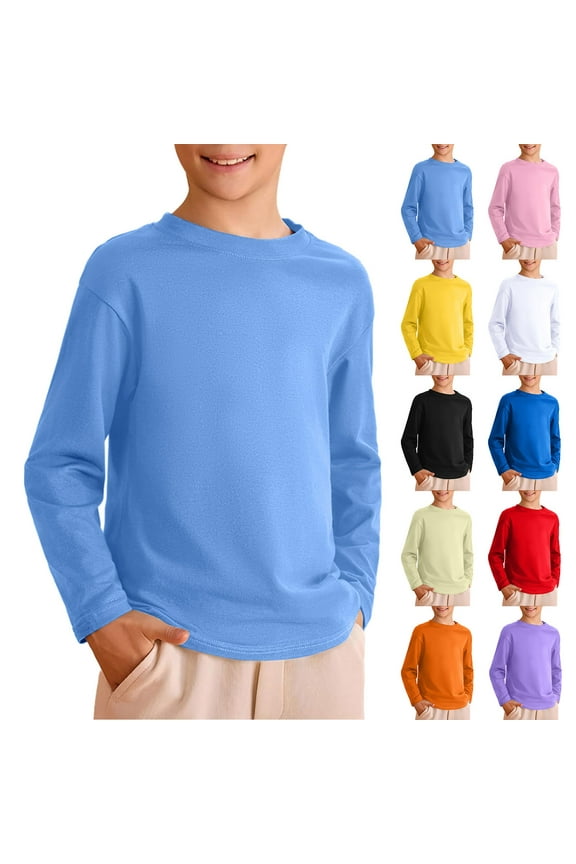 Boys Long Sleeve Shirts Crewneck Cotton Kids T-Shirts Solid Color Basic Tee Tops (Light Purple, 7-8 Years)