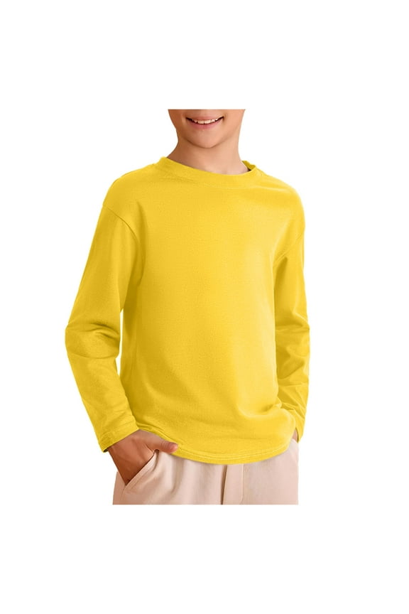 Boys Long Sleeve Shirts Crewneck Cotton Kids T-Shirts Solid Color Basic Tee Tops (Yellow, 7-8 Years)