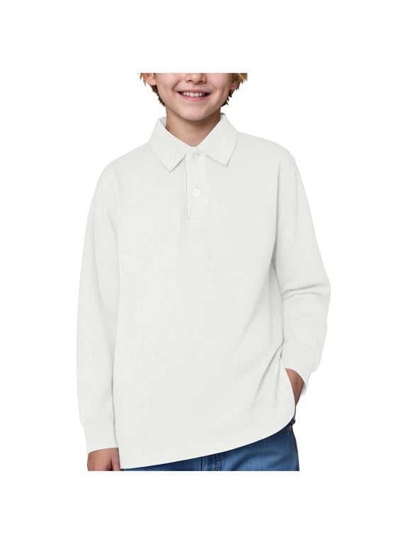 Boys School Uniform Long Sleeve Polo Shirt, Button Closure, Comfortable, Breathable Fabric (Beige, 2-3 Years)