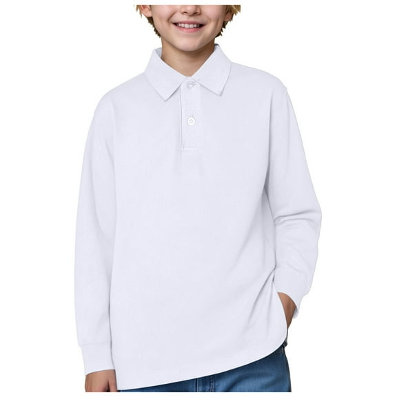 Ulanda Boys School Uniform Long Sleeve Polo Shirt, Button Closure, Comfortable, Breathable Fabric (White, 12-13 Years)