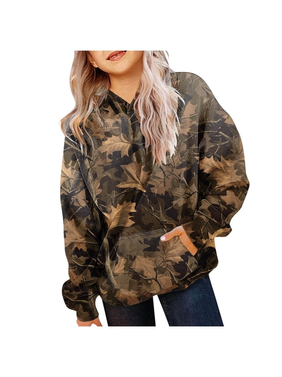 Camo Hoodie Kids Cute Hoodies Maple Leaf Print Oversized Drop Shoulder Hooded Sweatshirt Pullover With Pocket (Bronze, 10-11 Years)