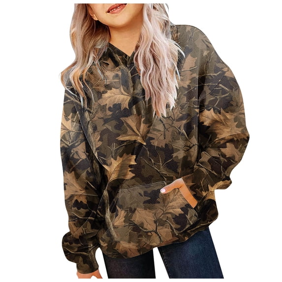 Ulanda Camo Hoodie Kids Cute Hoodies Maple Leaf Print Oversized Drop Shoulder Hooded Sweatshirt Pullover With Pocket (Bronze, 11-12 Years)