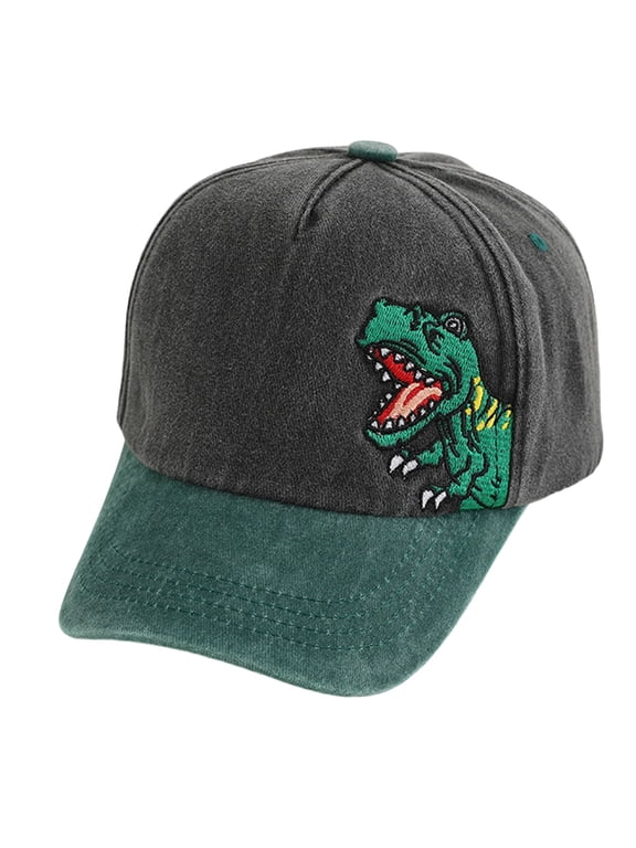 Children's Dinosaur Embroidered Baseball , Girls Washed Cotton Two-Tone Tyrannosaurus Rex Hat (Black, 3-8 Years)