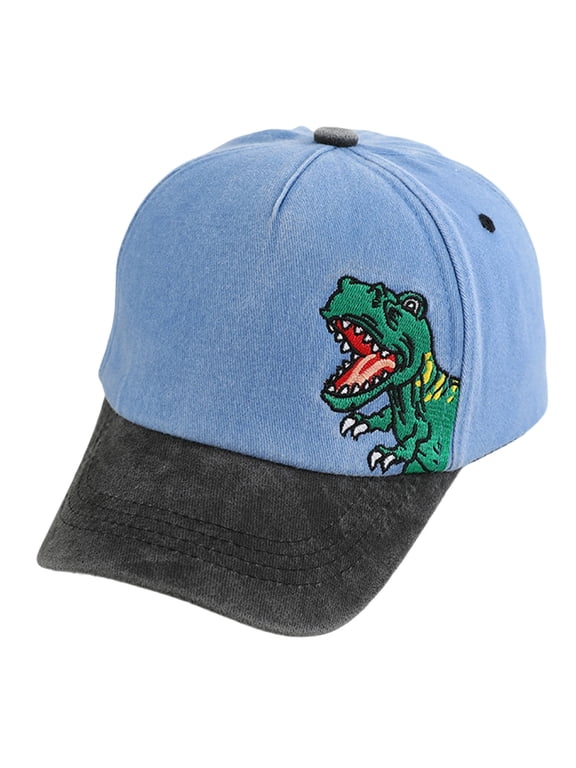 Children's Dinosaur Embroidered Baseball Cap, Boys and Girls Washed Cotton Two-Tone Tyrannosaurus Rex Hat (Blue, 3-8 Years)