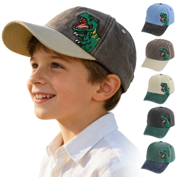 Ulanda Children's Dinosaur Embroidered Baseball Cap, Boys and Girls Washed Cotton Two-Tone Tyrannosaurus Rex Hat (Coffee, 3-8 Years)