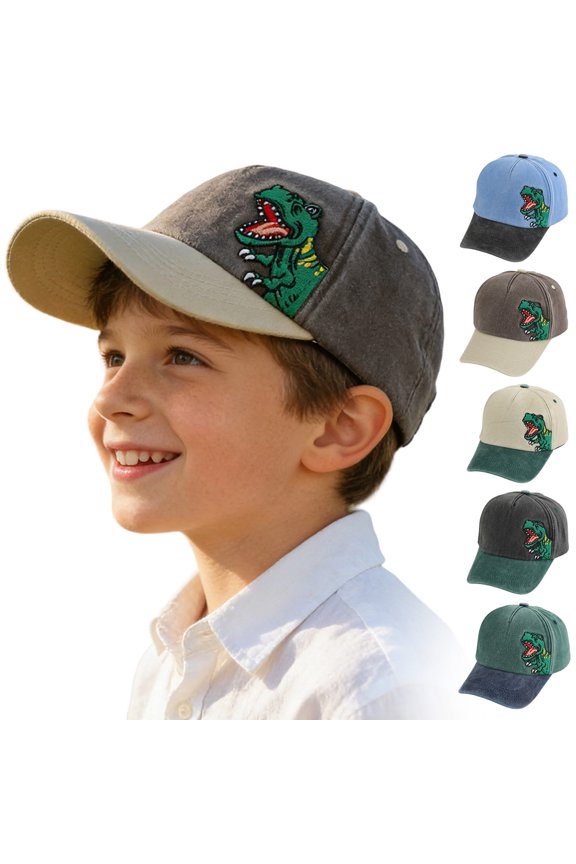 Children's Dinosaur Embroidered Baseball Cap, Boys and Girls Washed Cotton Two-Tone Tyrannosaurus Rex Hat (Coffee, 3-8 Years)