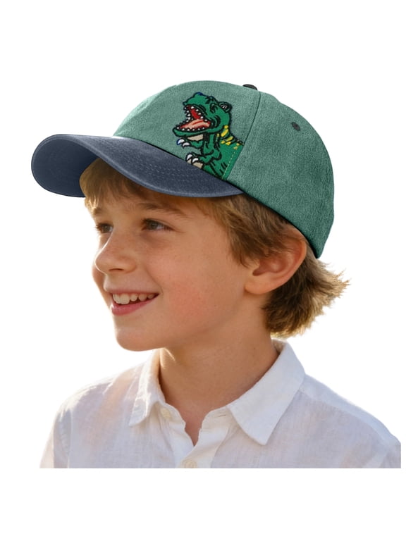 Children's Dinosaur Embroidered Baseball Cap, Boys and Girls Washed Cotton Two-Tone Tyrannosaurus Rex Hat (Green, 3-8 Years)