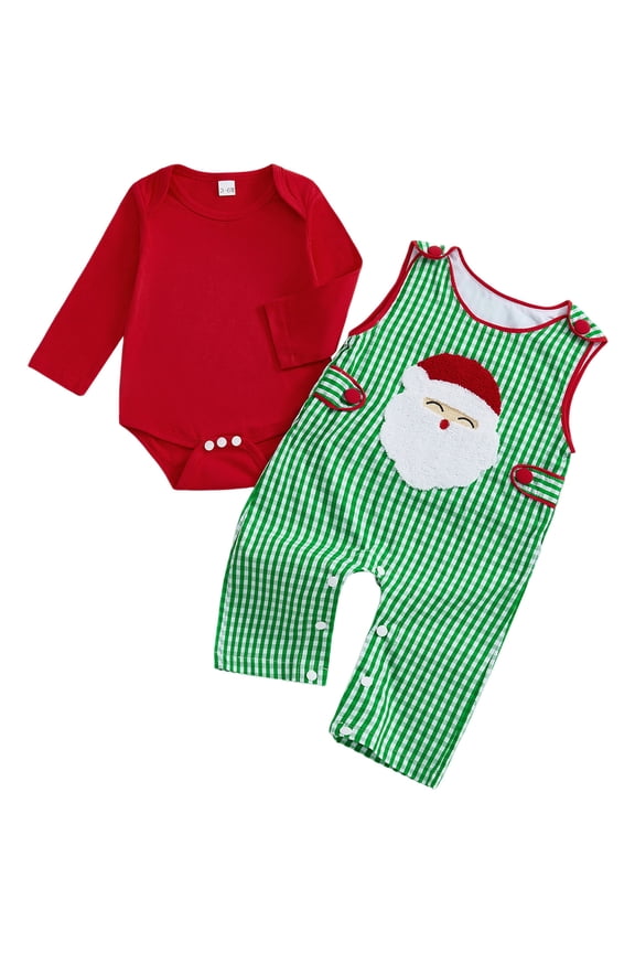 Christmas Baby Boy Outfit Long Sleeve Romper Overall Pants Set Boy Christmas 2 Piece Clothes (Red, 3-6 Months)