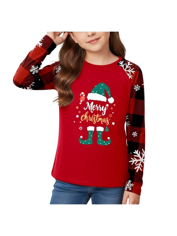 Christmas Shirts for Teens Girls Xmas Tree Print Raglan Long Sleeve Loose Crew Neck Tops Baggy Blouse (Red, 8-9 Years)