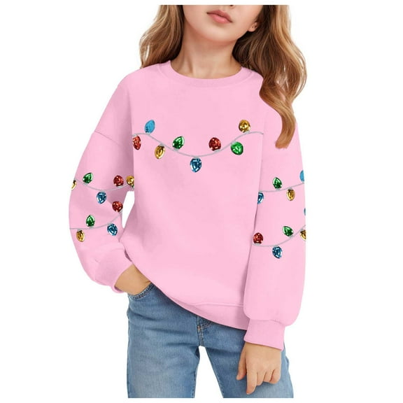 Ulanda Christmas Sweatshirt for Kid Sequin Light Long Sleeve Sweater Bow Xmas Pullover Tops Holiday Crewneck Shirts (Pink, 2-3 Years)