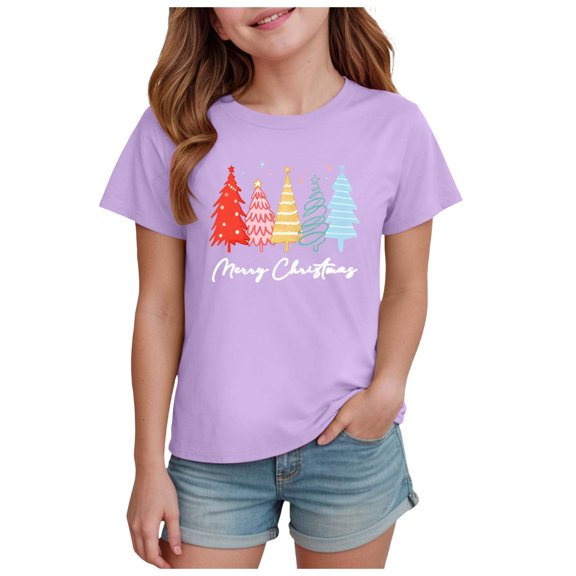 Ulanda Christmas Toddler Girl Shirt Cotton Short Sleeve Tee Top Kids Ugly Xmas Tshirt (Light Purple, 3-4 Years)
