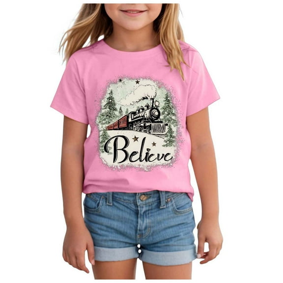 Ulanda Christmas Tree Shirts Toddler Boys Girls Christmas Tshirts Xmas Short Sleeve Graphic Tees Holiday Tops (Pink, 7-8 Years)