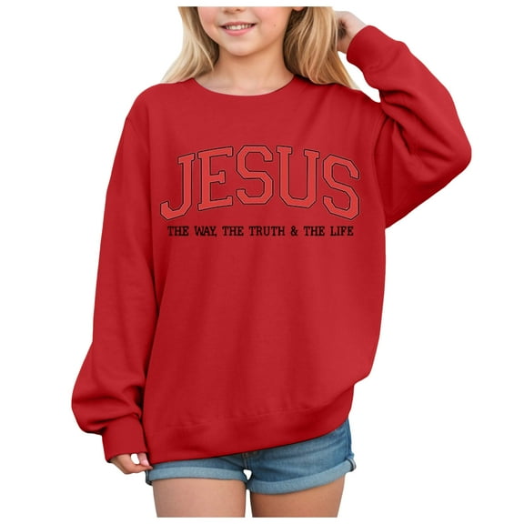 Ulanda Cute Jesus Sweatshirt for Teen Girls Preppy Graphic Sweat Shirts Long Sleeve Pullover Tops Size 10-12 (Red, 6Y)