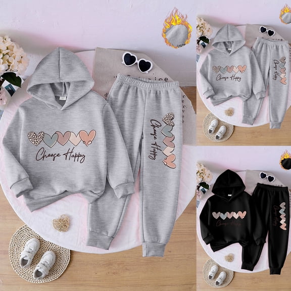 Ulanda Cute Toddler Girls Sweatsuit - Casual Heart Print Kids Fall Clothes Set Hoodie Sweatshirt Pants Spring Outfits (Black, 3-4 Years)