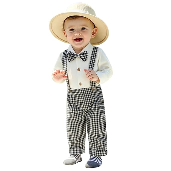 Ulanda Fall Outfit Newborn Baby Boy Gentleman Long Sleeve Bow Tie Romper Plaid Suspender Pants 2Pcs Christmas Clothes Set (Black, 3-6 Months)
