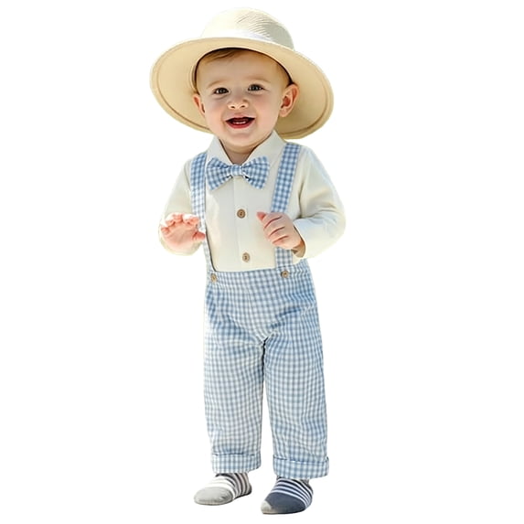 Ulanda Fall Outfit Newborn Baby Boy Gentleman Long Sleeve Bow Tie Romper Plaid Suspender Pants 2Pcs Christmas Clothes Set (Light Blue, 3-6 Months)