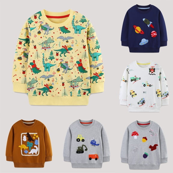 Ulanda Fashion Boys Cotton Pullover Sweatshirts Kids Cute Cartoon Printed Crewneck Tops (Light Gray, 2-3 Years)