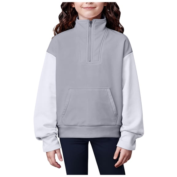 Ulanda Fashion Girls Half Zip Sweatshirt Kids Long Sleeve Quarter Zip Pullover Toddler Fall Winter Casual Neck Jumper Tops (Grey, 13-14 Years)