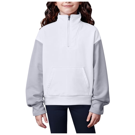Ulanda Fashion Girls Half Zip Sweatshirt Kids Long Sleeve Quarter Zip Pullover Toddler Fall Winter Casual Neck Jumper Tops (White, 5-6 Years)