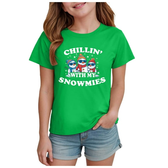 Ulanda Funny Chillin With My Snowmies Christmas Snowman Kids T-Shirt (Green, 5-6 Years)