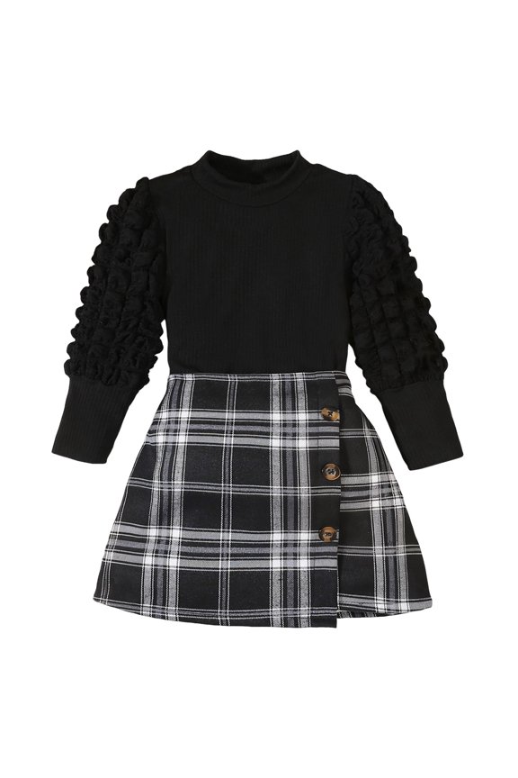 Girl Skirt Sets 2 Piece Outfits Puff Long Sleeve Tops and Mini Skirt Shorts Fall Winter Clothes (Black, 18-24 Months)