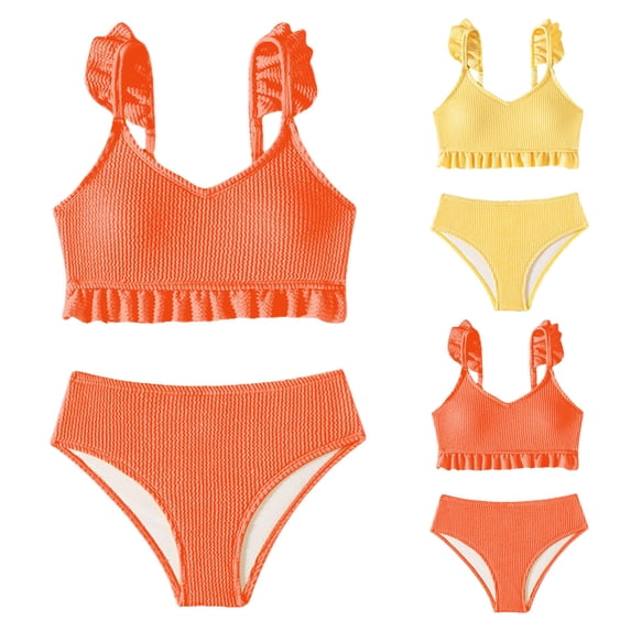 Ulanda Girl's 2 Piece Bathing Suit Ruffle Trim Summer Bikini Swimsuit (Orange, 5-6 Years)