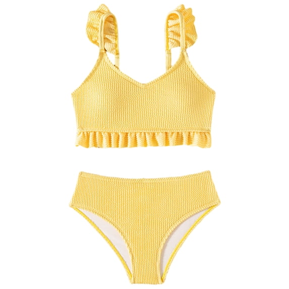 Ulanda Girl's 2 Piece Bathing Suit Ruffle Trim Summer Bikini Swimsuit (Yellow, 11-12 Years)