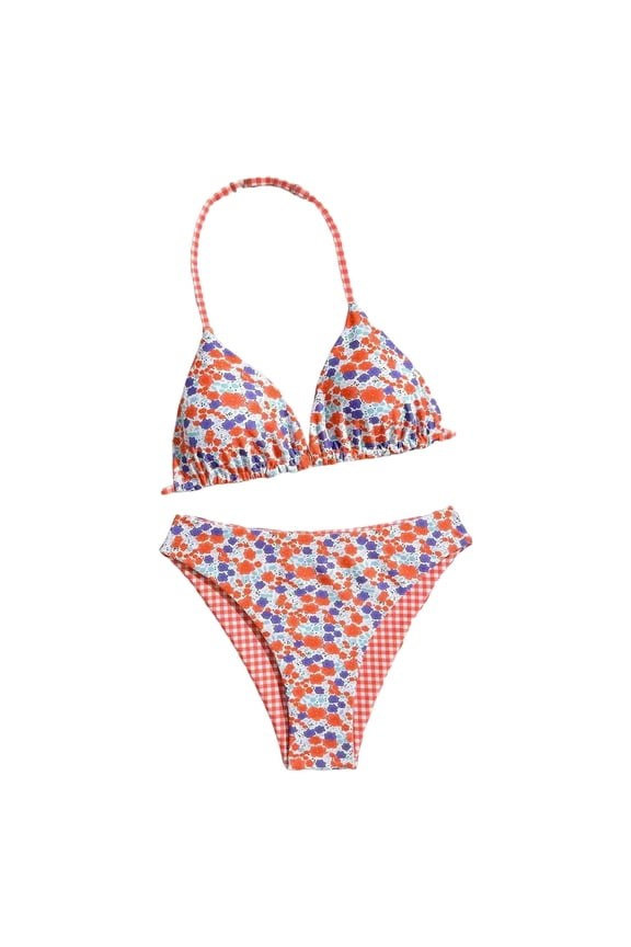 Girl's 2 Piece Floral Print Swimsuits Halter Triangle Bikini Boho High Waisted Bathing Suit (Orange, 11-12 Years)