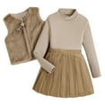 thumbnail image 1 of Ulanda Girl's 2 Piece Outfit Fall Clothes Rib T Shirt Leather Pleated Skirts with Fuzzy Vest (Khaki, 9-10 Years), 1 of 7