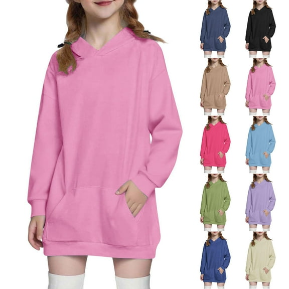 Ulanda Girl's Fashion Hoodie Long Solid Colour Pullover Hooded Sweatshirt Hoodies for Girls Hoodie Dress with Pockets (Purple, 11-12 Years)