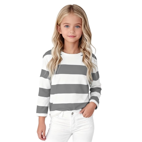 Ulanda Girl's Long Sleeve T-Shirts Striped Girls Classic Cotton Blend Crewneck Tee Kids Stripes Shirt Soft Everyday Basic Top (Grey, 5-6 Years)