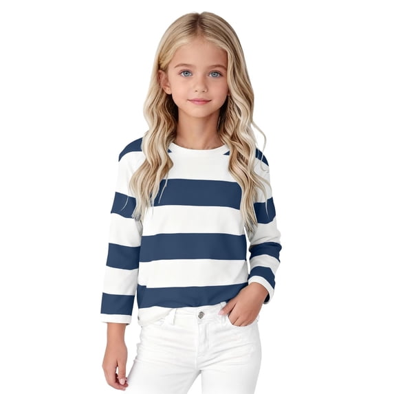 Ulanda Girl's Long Sleeve T-Shirts Striped Girls Classic Cotton Blend Crewneck Tee Kids Stripes Shirt Soft Everyday Basic Top (Navy, 3-4 Years)