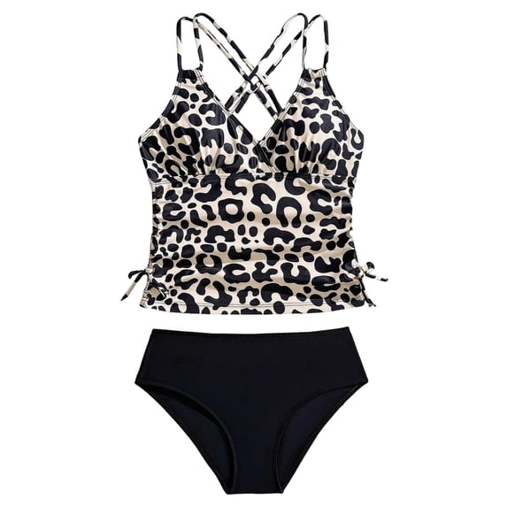 Ulanda Girl's Two Piece Cheetah Tankini Swimsuits Ruched Drawstring Bathing Suit (Beige, 10-11 Years)
